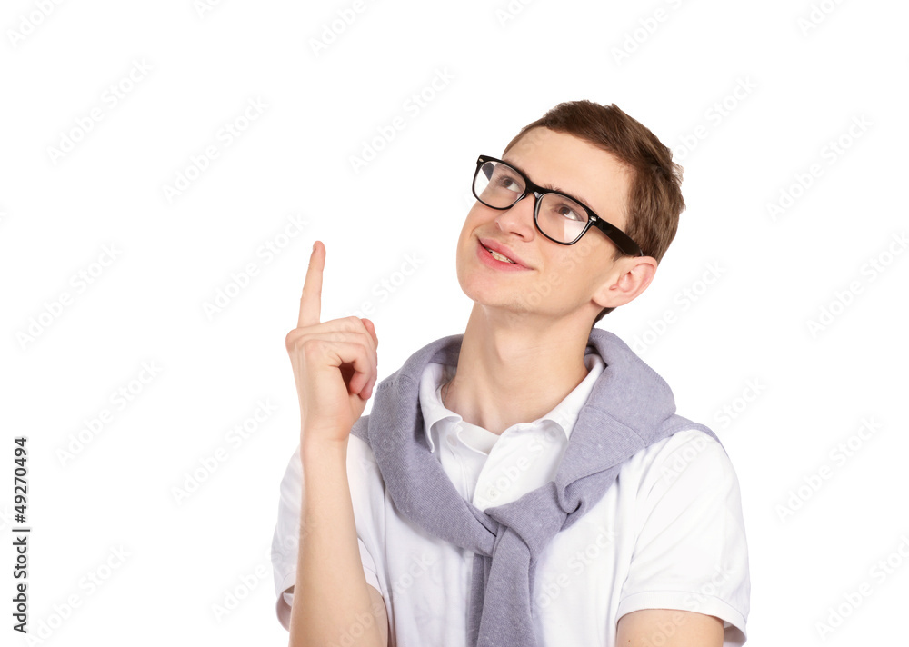 Portrait of a man pointing at something interesting