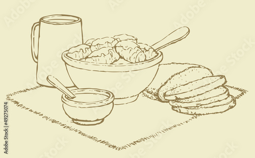 Vector still life. National Slavic food: cabbage rolls, bread