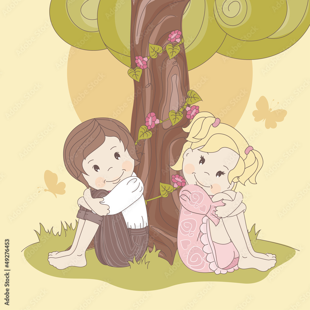 Couple teens under tree . Vector illustration. Couple teens under tree . Vector illustration.