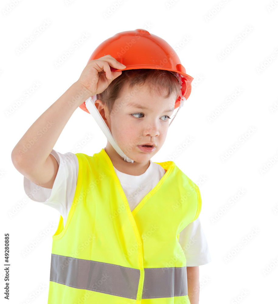 Portrait of boy in orange helmet, insulation Portrait of boy in orange helmet, insulation