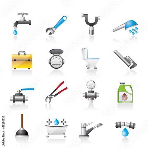 realistic plumbing objects and tools icons - vector icon set