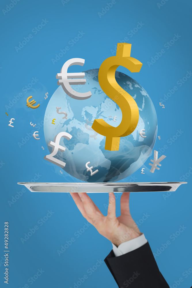 Fotografie Waiter presenting the world and currency
