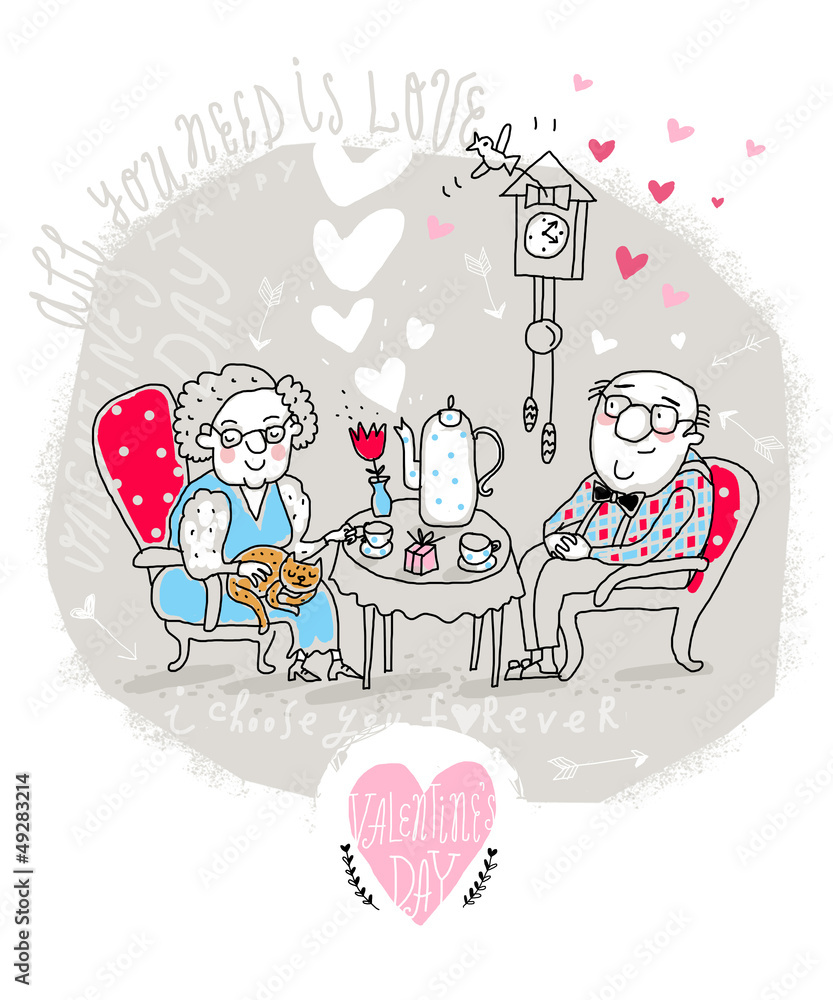 Vector Valentine Card with Cartoon Old Couple Stock Vector | Adobe Stock