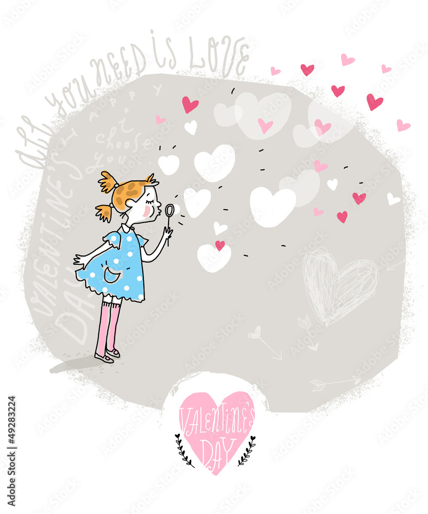 Vector Valentine Card with girl and bubble blower Vector Valentine Card with girl and bubble blower