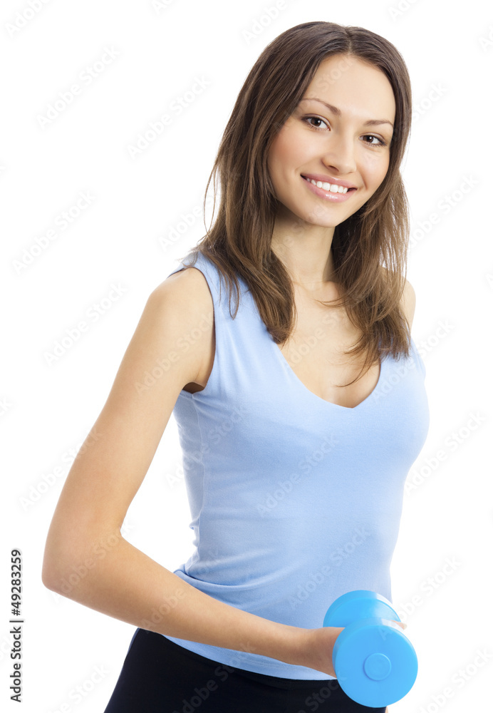 Young woman exercising with dumbbell, isolated Young woman exercising with dumbbell, isolated