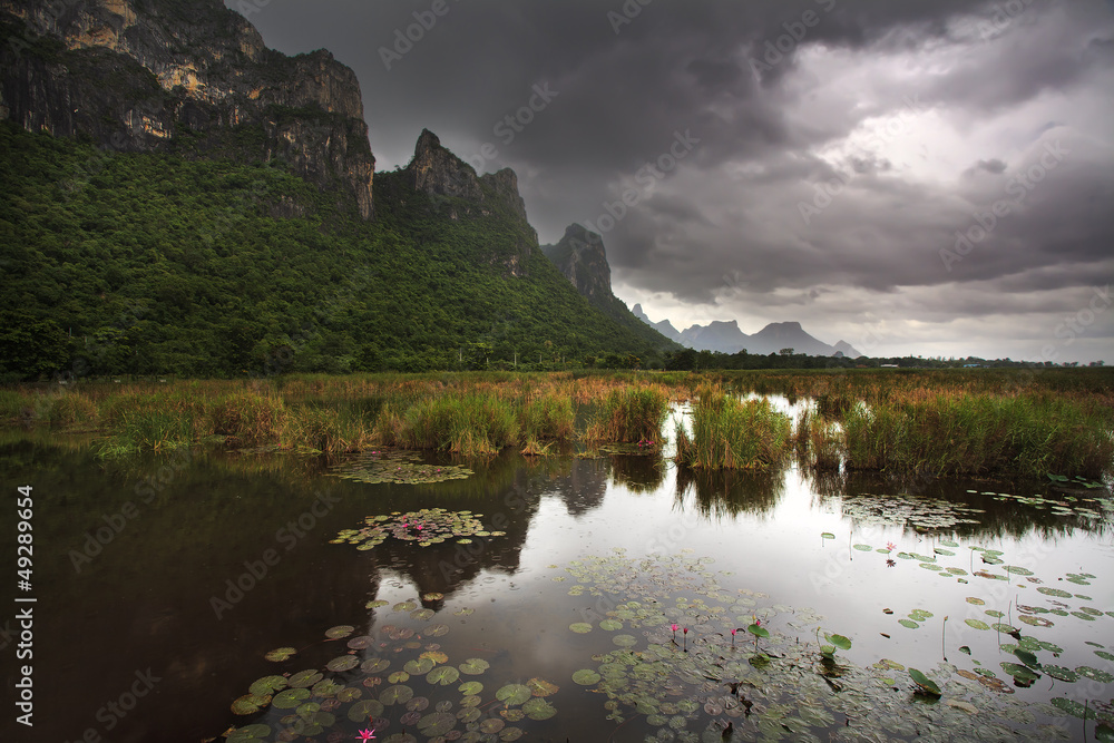 Big mountain and lotus lake at Sam Roi Yod National Park