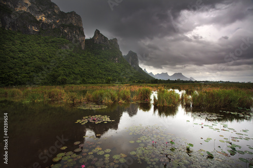 Big mountain and lotus lake at Sam Roi Yod National Park