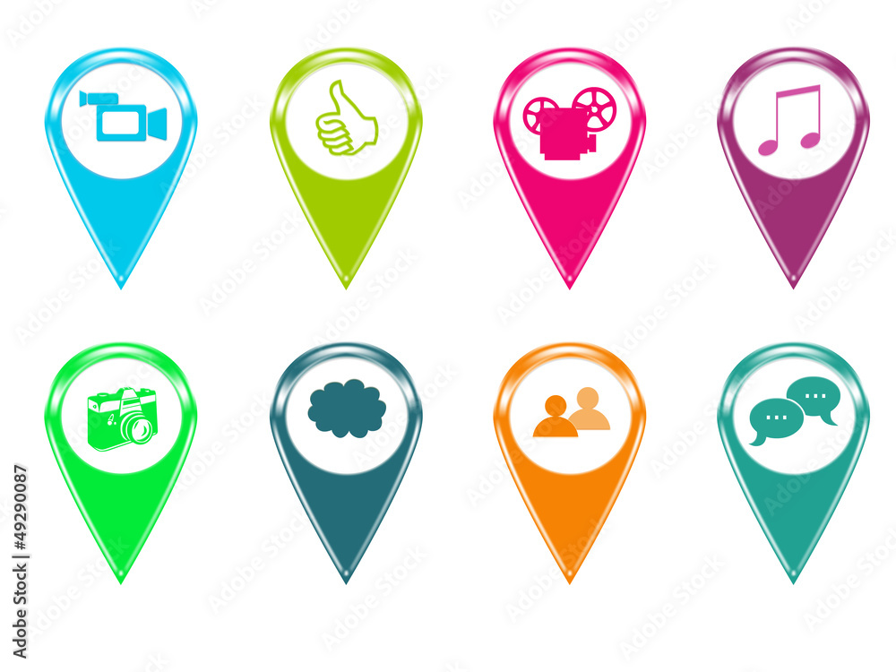 Set de iconos para marcadores en mapas con símbolos y colores Set de iconos para marcadores en mapas con símbolos y colores