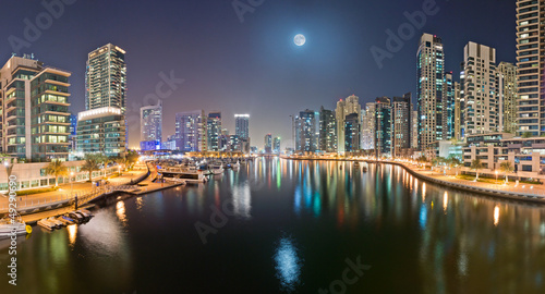 Dubai Marina from Bridge with Moon