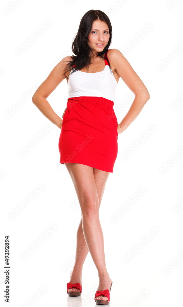 Portrait of sexy brunette in red white dress isolated Portrait of sexy brunette in red white dress isolated