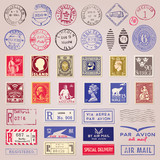 Vintage Postage Stamps, Marks, Stickers Vector Set