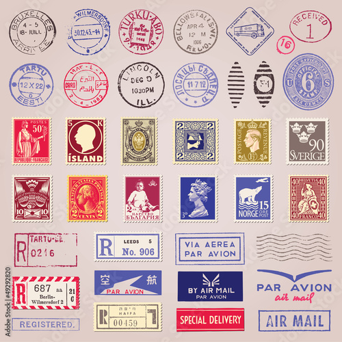 Vintage Postage Stamps, Marks, Stickers Vector Set photo