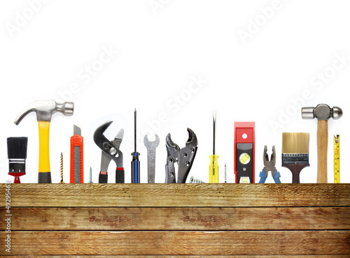 Assorted work tools and wood photo