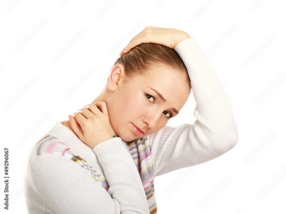 Woman holds head with pain, isolated on white background Woman holds head with pain, isolated on white background