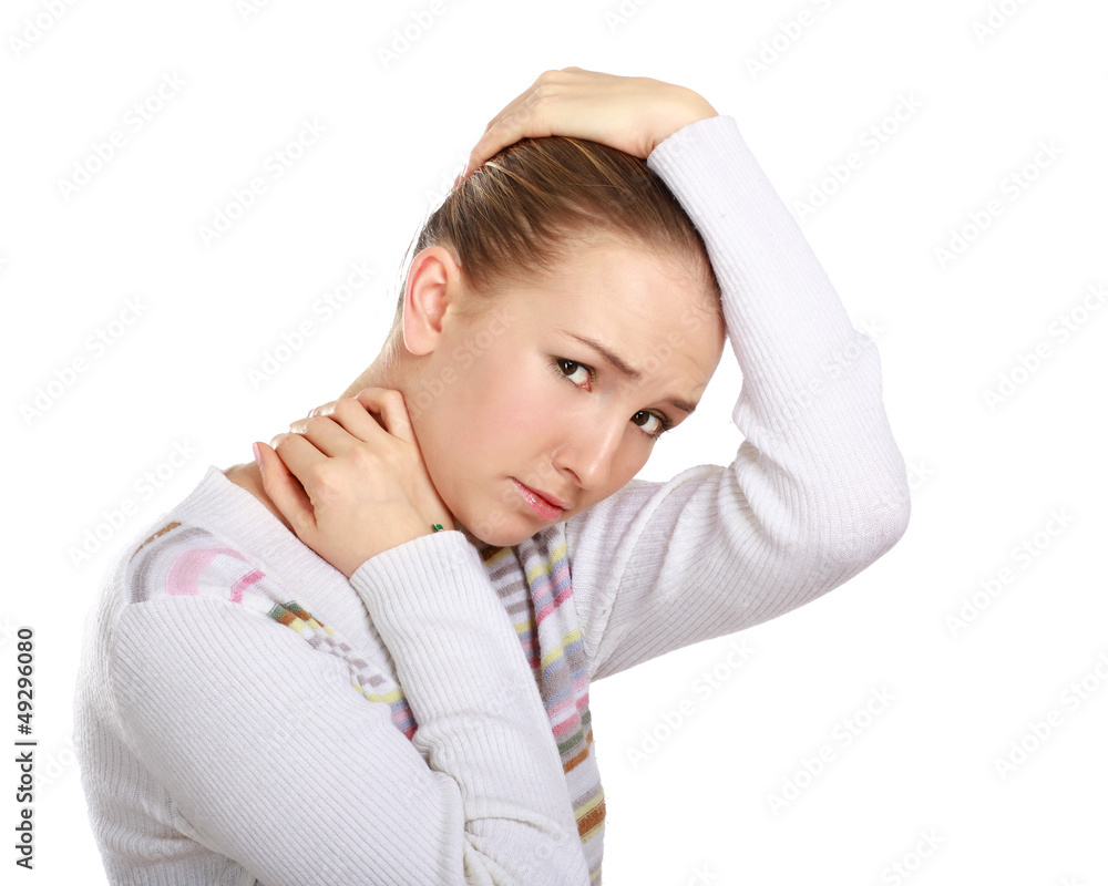 Woman holds head with pain, isolated on white background Woman holds head with pain, isolated on white background