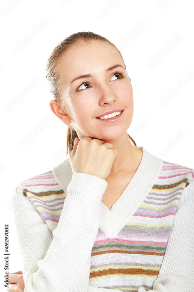 Young girl looking up isolated on white background. Young girl looking up isolated on white background.