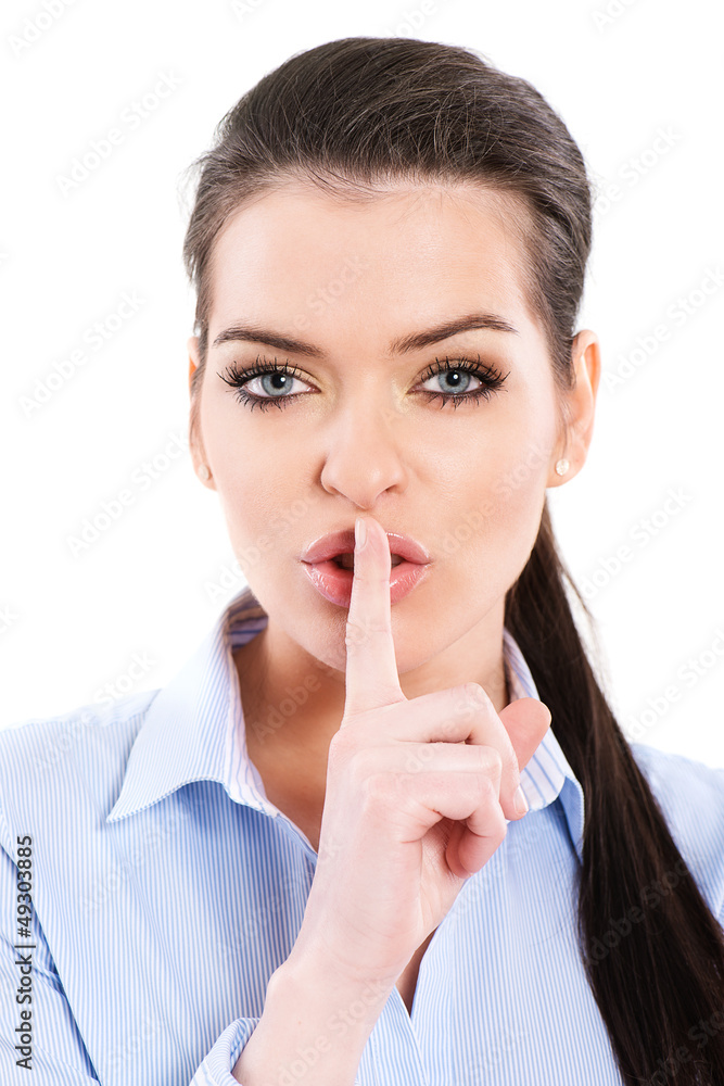 Attractive woman asking for calm on white background Attractive woman asking for calm on white background