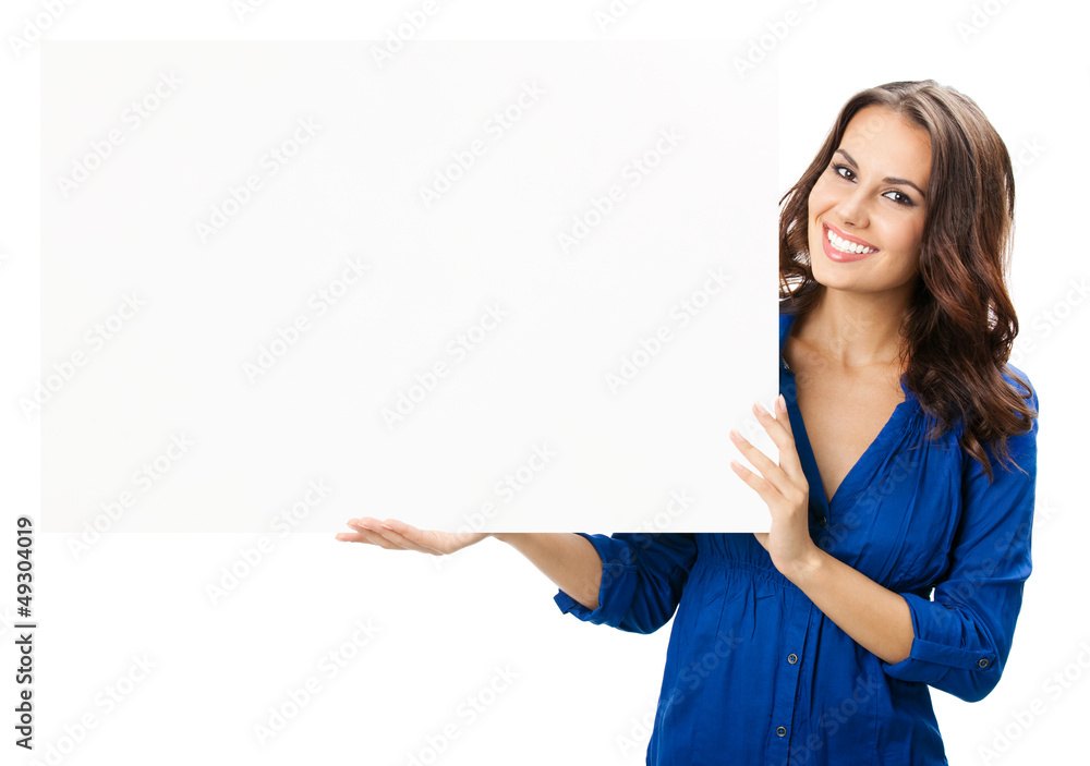 Young woman with blank signboard, on white
