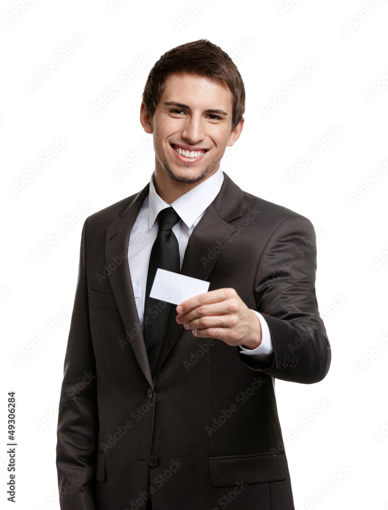 Man in suit showing his empty business card with copy space Man in suit showing his empty business card with copy space