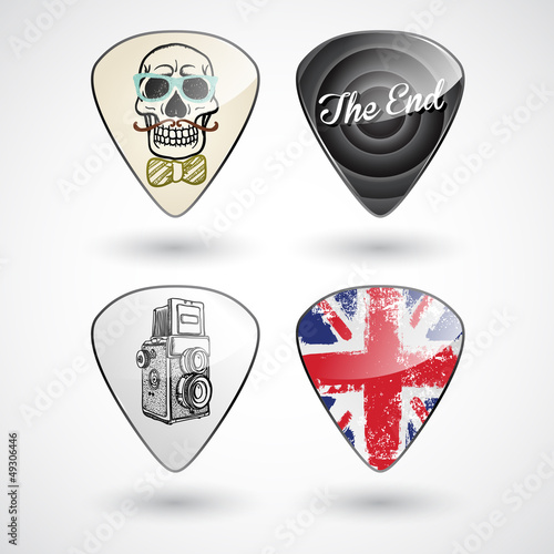 Guitar picks or plectrums with custom designs