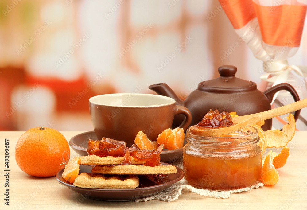 light breakfast with tea and homemade jam, on wooden table light breakfast with tea and homemade jam, on wooden table