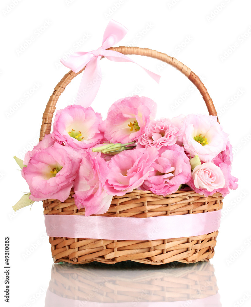 bouquet of eustoma flowers in basket, isolated on white bouquet of eustoma flowers in basket, isolated on white