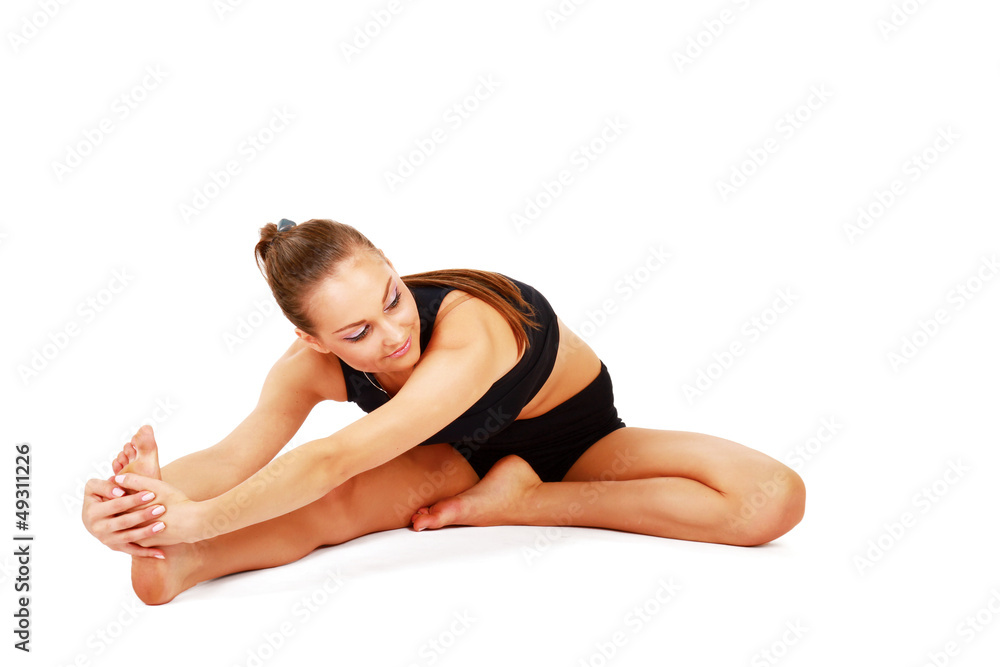 smiling woman doing stretching excersises smiling woman doing stretching excersises