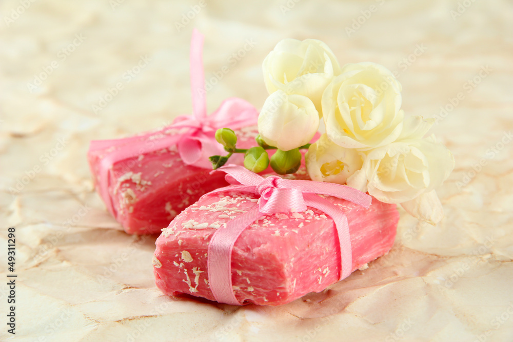 Natural handmade soap, on beige background Natural handmade soap, on beige background