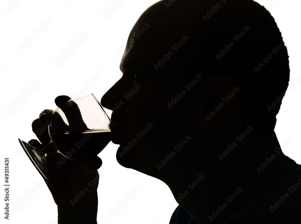Silhouette of man drinking alcohol, isolated on white