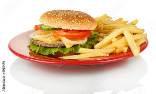 Tasty cheeseburger with fried potatoes, isolated on white