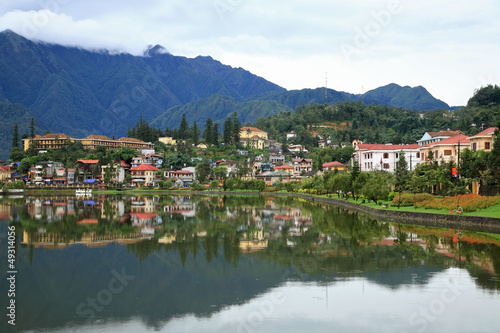 Sapa cityscape with reflection on the lake in Vietnam