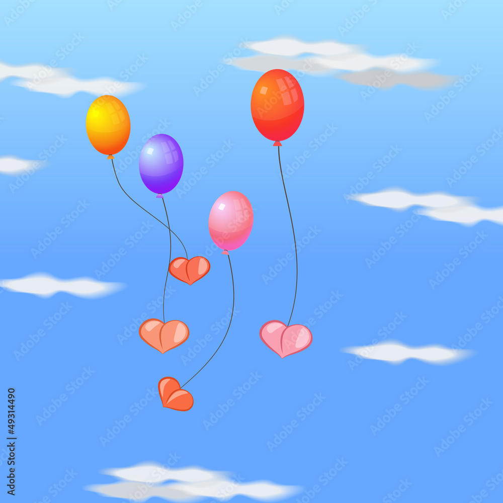 Flying balloons with hearts