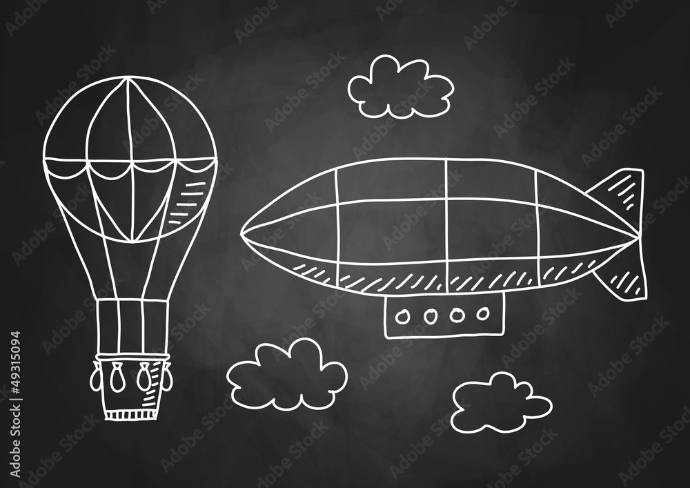 Fototapeta premium Hot air balloon and airship on blackboard