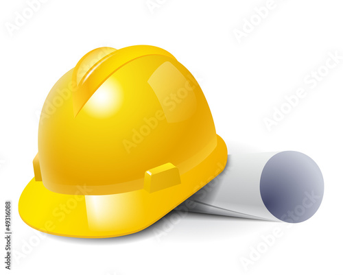 Yellow safety hard hat and drawings. Vector illustration