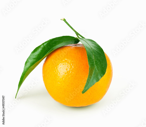 one tangerine with leaf isolated on white