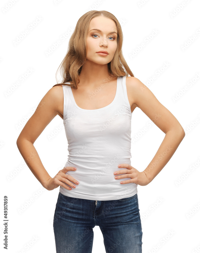 calm and serious woman in blank white t-shirt calm and serious woman in blank white t-shirt