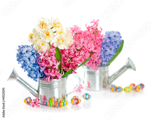 colorful spring hyacinth flowers with easter eggs decoration