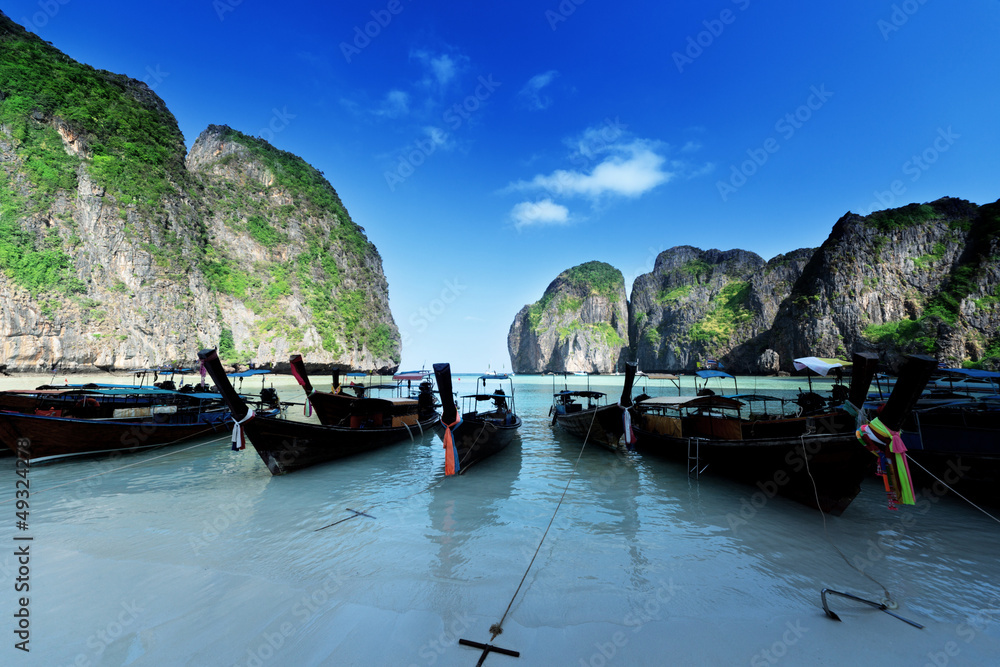 boats at Maya bay Phi Phi Leh island, Thailand