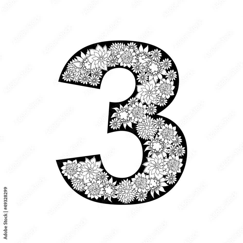 Hand drawn floral alphabet design. Digit 3 Hand drawn floral alphabet design. Digit 3