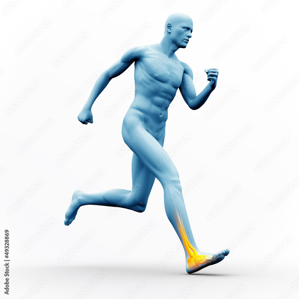 Blue human figure running with yellow highlighted ankle Blue human figure running with yellow highlighted ankle
