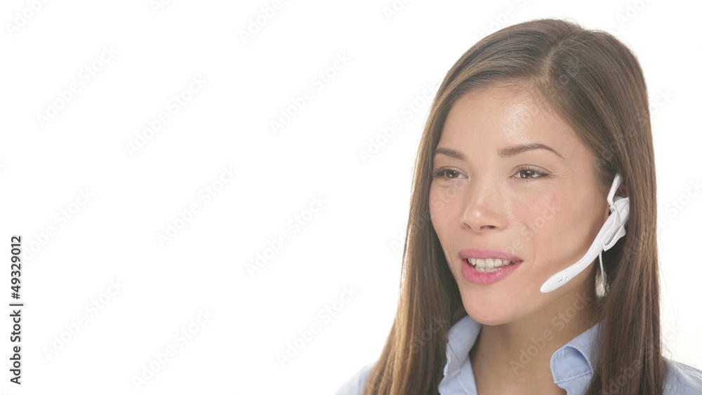 Customer service headset woman talking friendly Customer service headset woman talking friendly