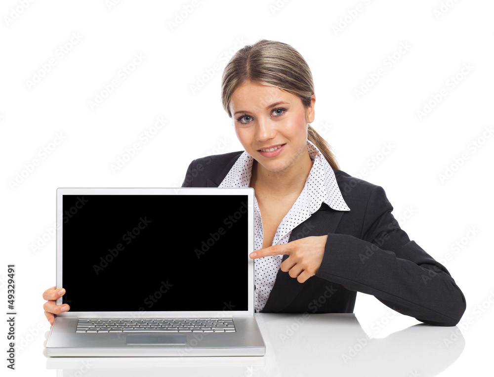 Business woman showing a laptop screen Business woman showing a laptop screen