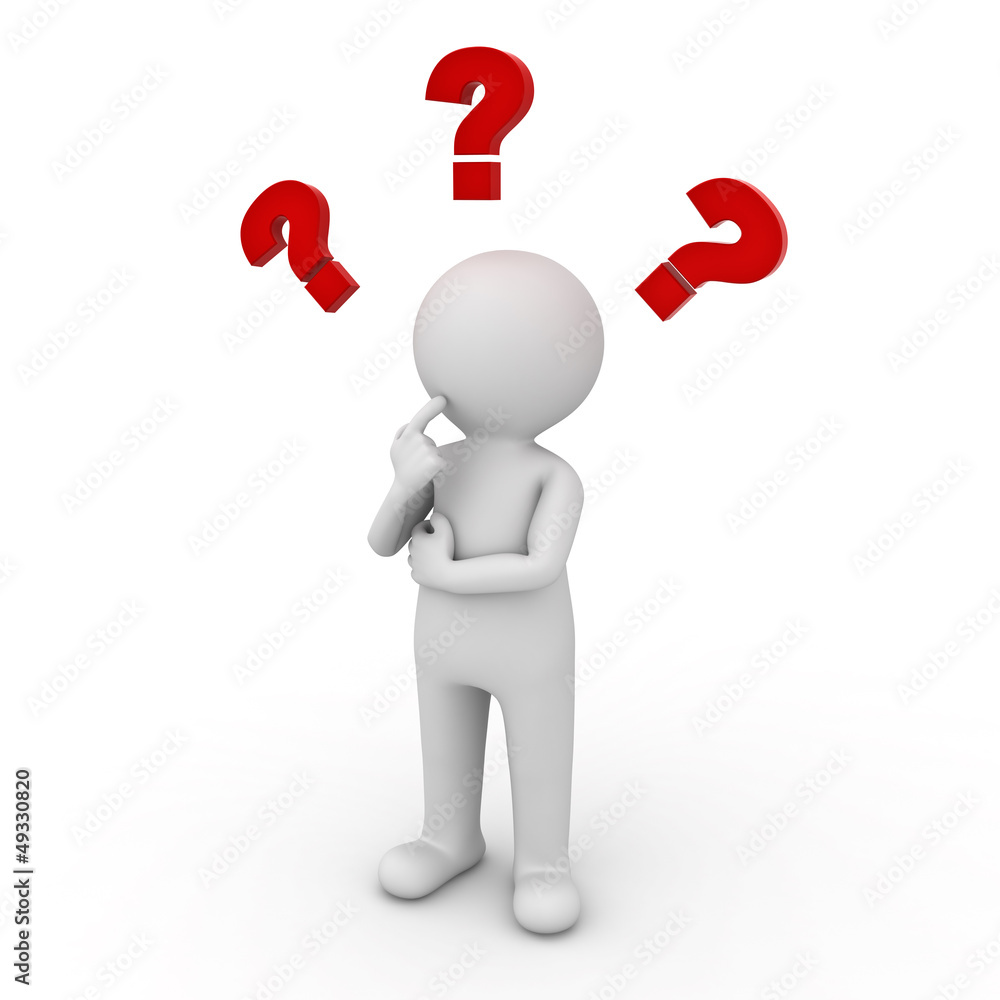 3d man thinking with red question marks over white 3d man thinking with red question marks over white