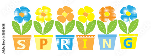 word spring on flowerpots