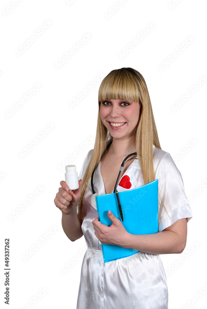The doctor in a white dressing gown offers tablets in a tube The doctor in a white dressing gown offers tablets in a tube