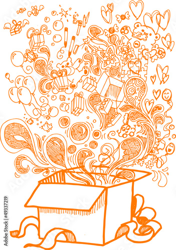 Big present box full of toys, sketchy doodle