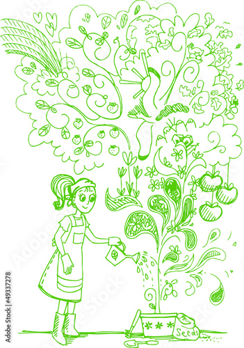 Woman watering a surprising plant, sketchy doodle illustration