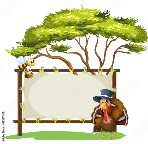 A notice board, a bird and a honey bee