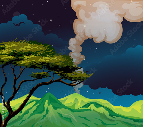 A view of the mountain in the middle of the night