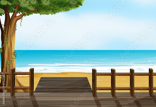 A wooden bench on a beach